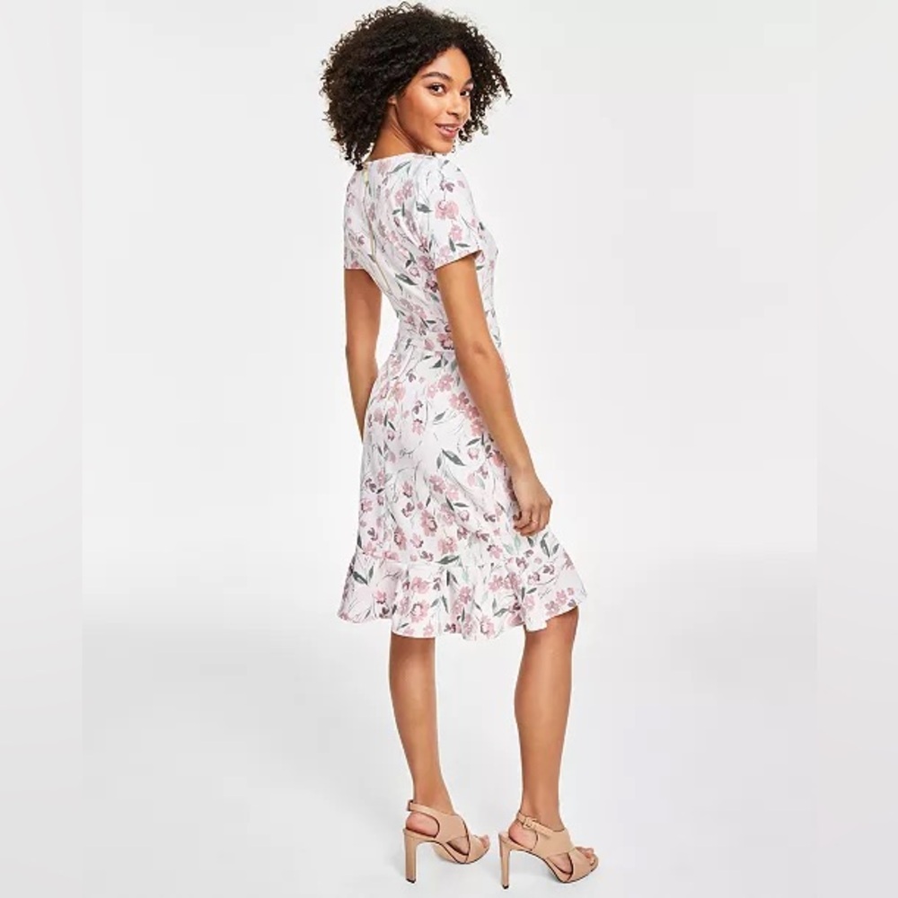 Calvin Klein - Floral-Print Short-Sleeve Ruffle-Hem Dress - Size 10 - Picture 2 of 10
